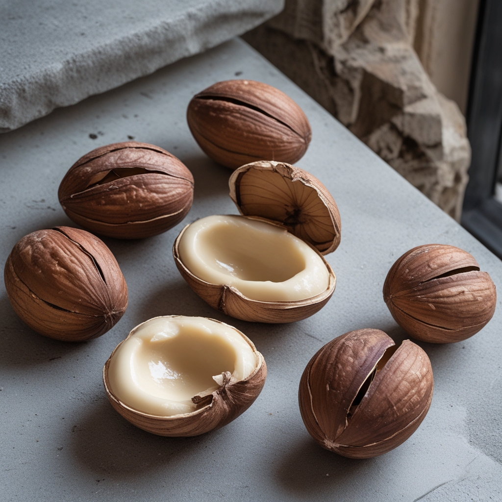 Brazil nuts in shell and cracked open arranged on a light grey stone surface, showing the rich creamy interior, macro photography