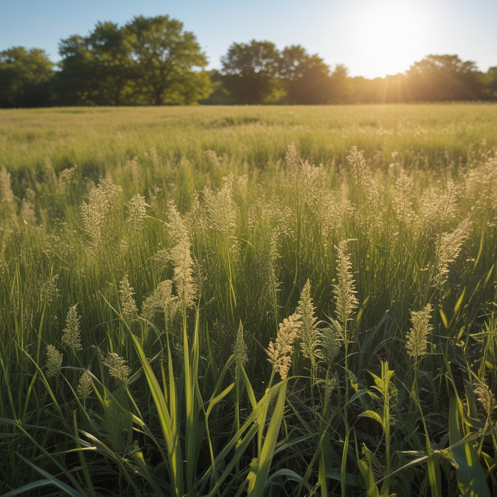 Open meadow with tall grass bathed in bright afternoon sunlight, clear blue sky in background, peaceful natural landscape in summer
